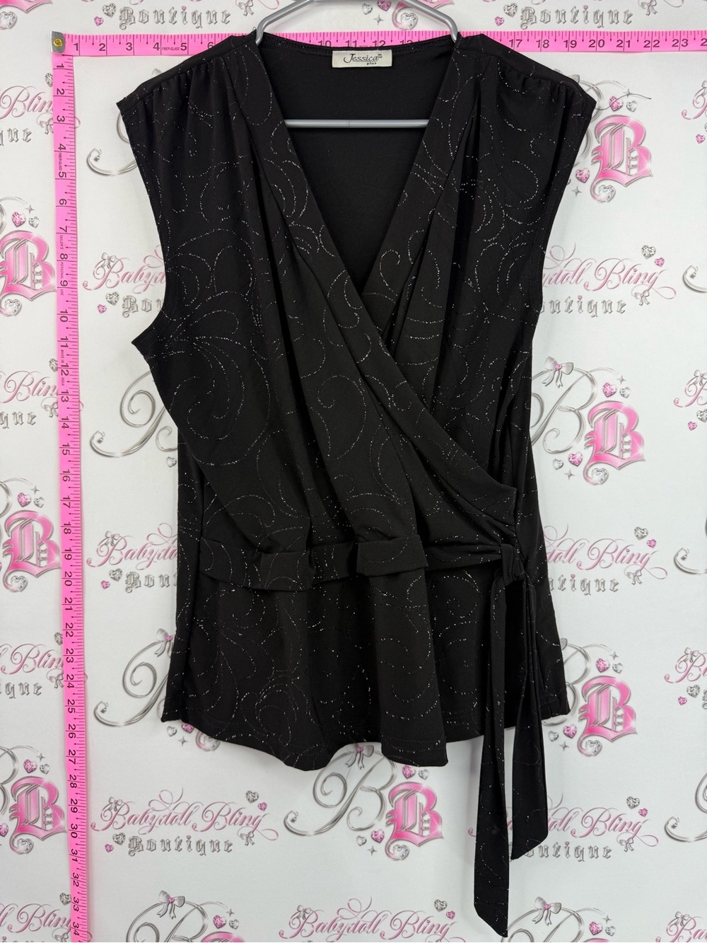 Jessica tank top sparkly glitter Black Sleeveless Wrap Top with Silver Sparkle